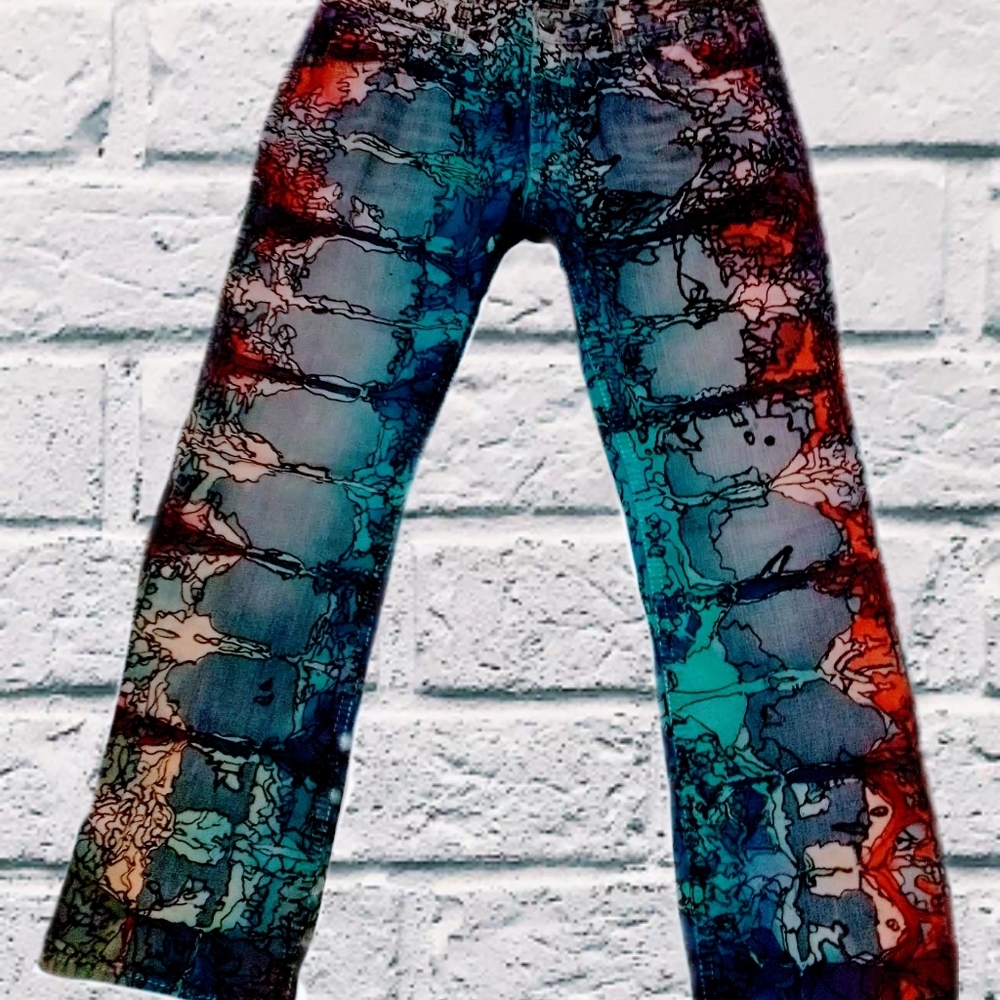 Upcycled tie dyed and hand painted jeans